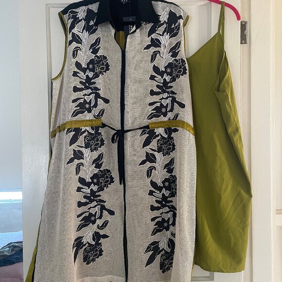 Off-White & Green Handloom Net Applique Embroidered Dress - Picture 4 of 5